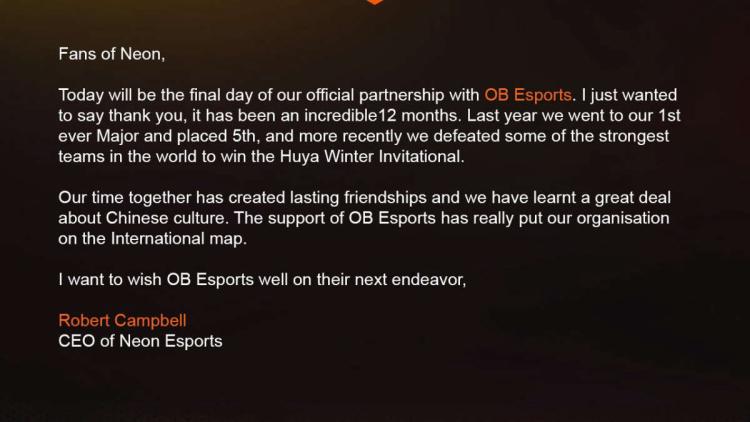 Neon Esports terminar com OB Esports