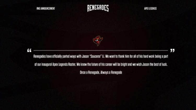 Sauceror deixou o time Renegades por Apex Legends