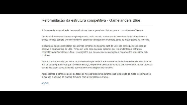 Gamelanders Blue anunciou mudanças futuras em sua divisão Valorant-