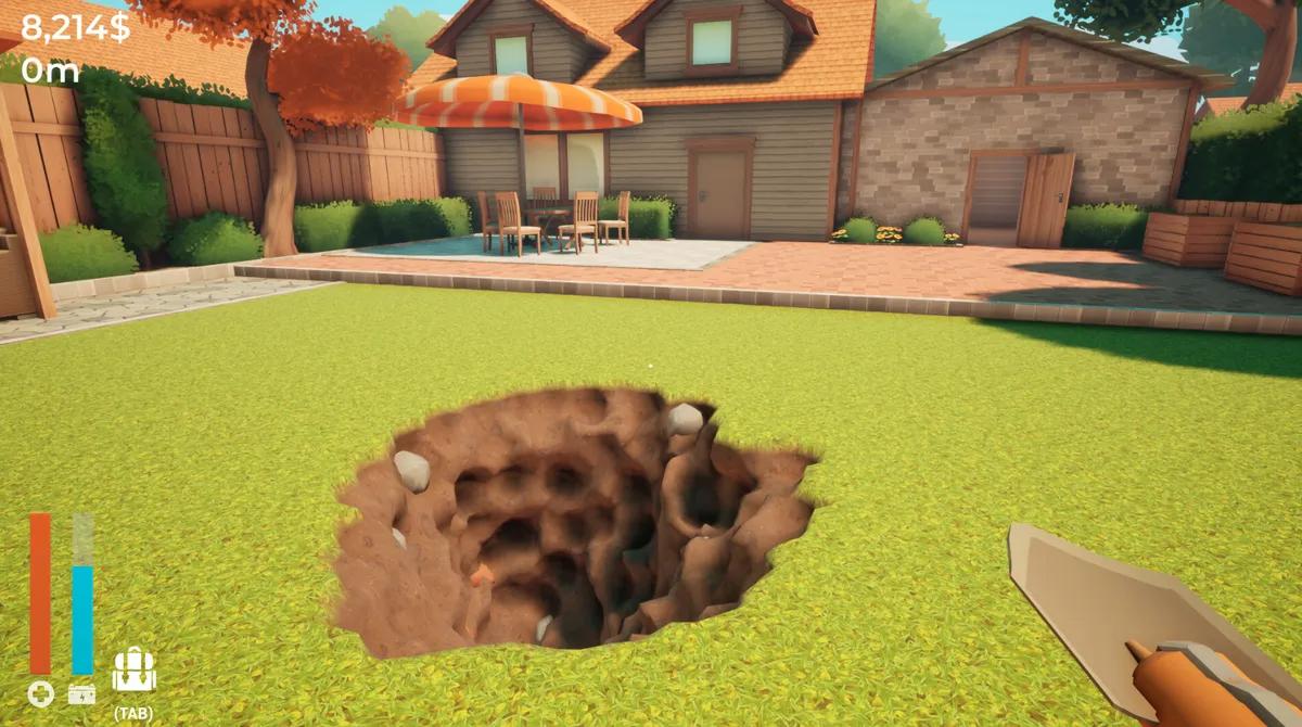 Um jogo sobre cavar um buraco encontra horror e calma na descida de um quintal