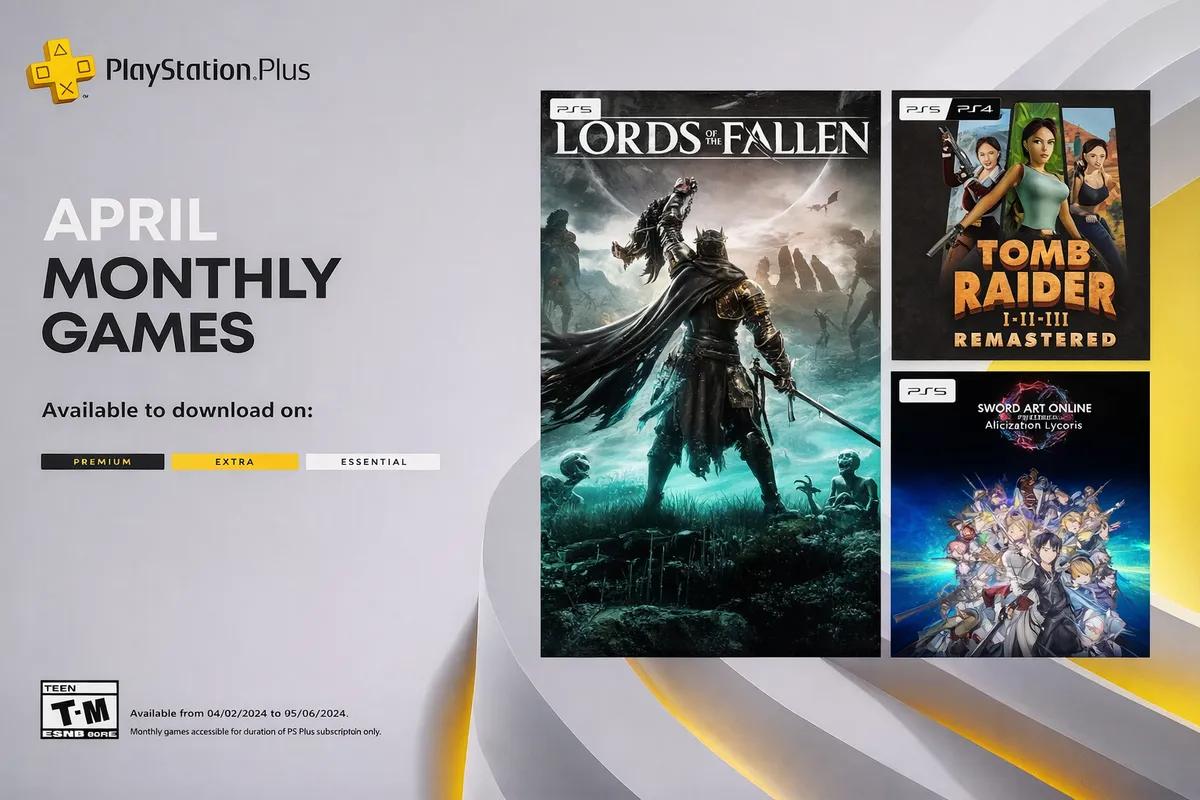 Jogos PlayStation Plus de abril de 2026 revelados - Lords of the Fallen, Sword Art Online e Tomb Raider Remastered