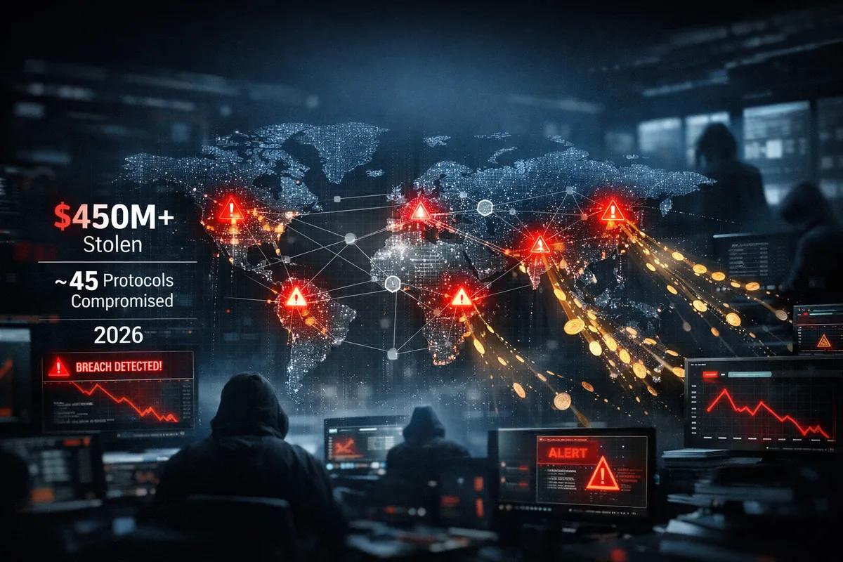 Hackers já roubaram mais de US$ 450 milhões de cerca de 45 protocolos de criptomoedas em 2026.