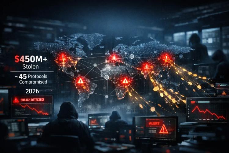 Hackers já roubaram mais de US$ 450 milhões de cerca de 45 protocolos de criptomoedas em 2026.