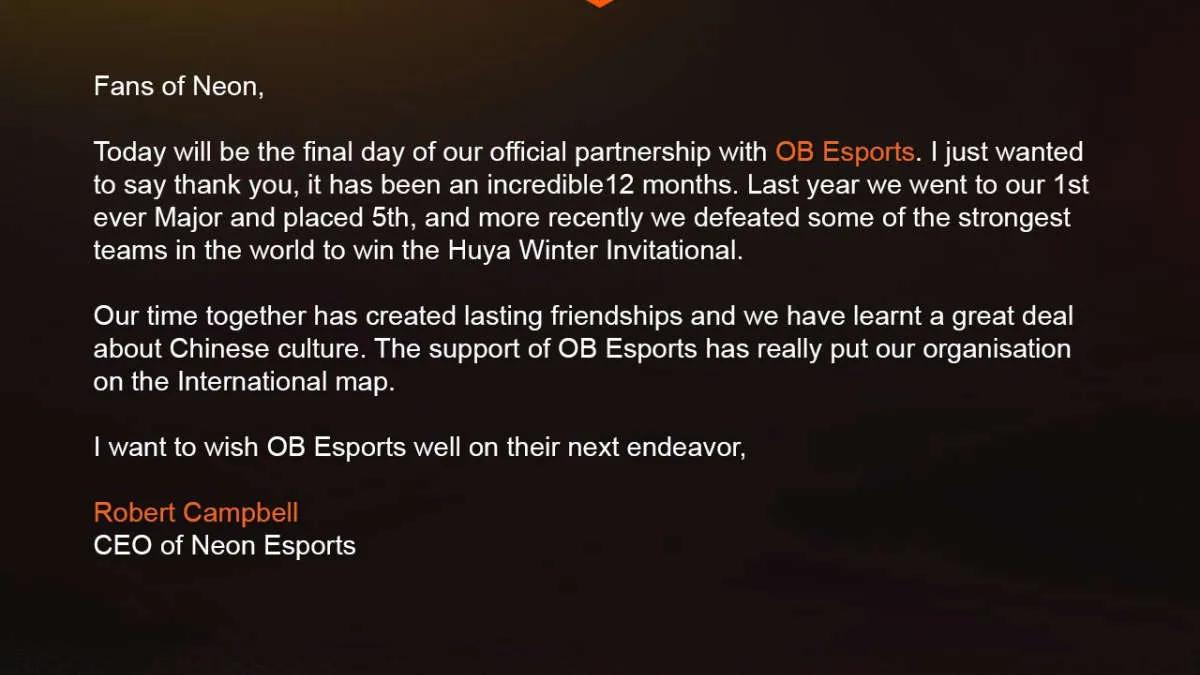 Neon Esports terminar com OB Esports