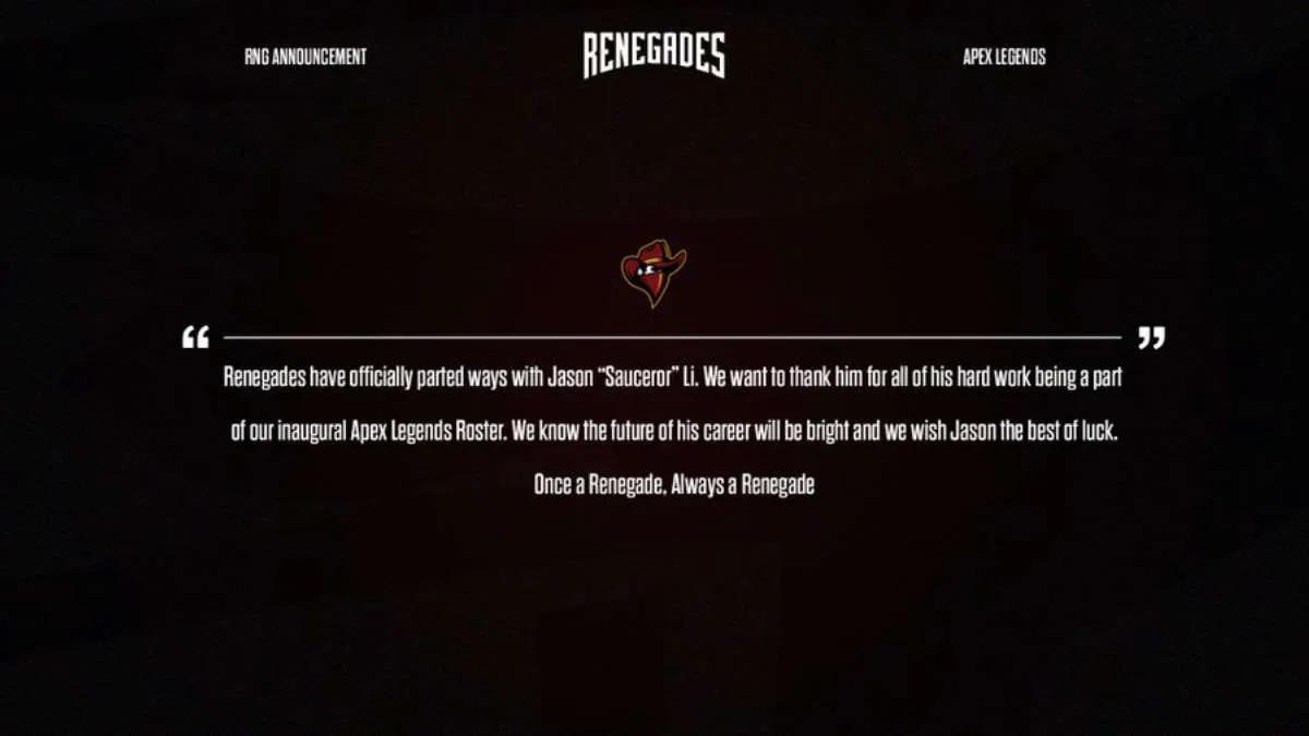 Sauceror deixou o time Renegades por Apex Legends