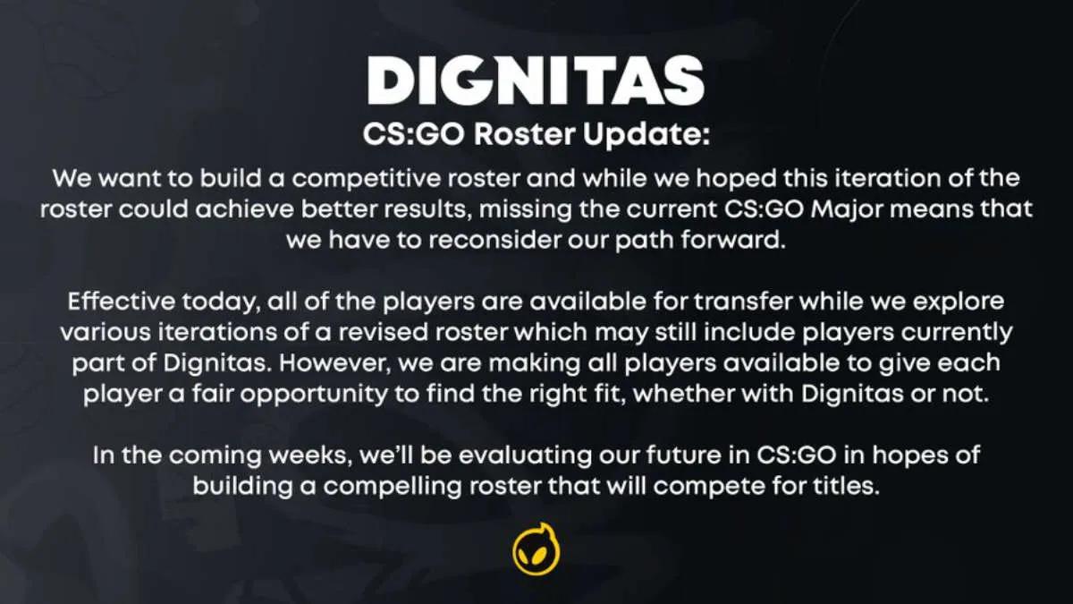 Dignitas coloca uma lista de CS:GO para transferência