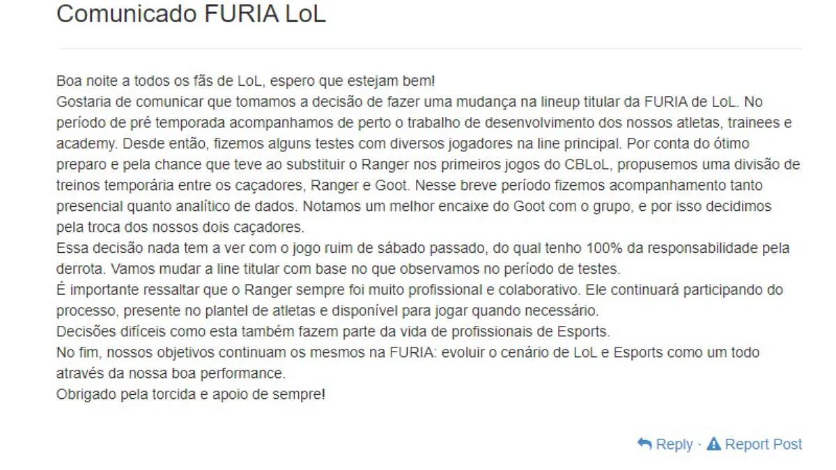 FURIA Esports fez alterações em sua lista de acordo com League of Legends