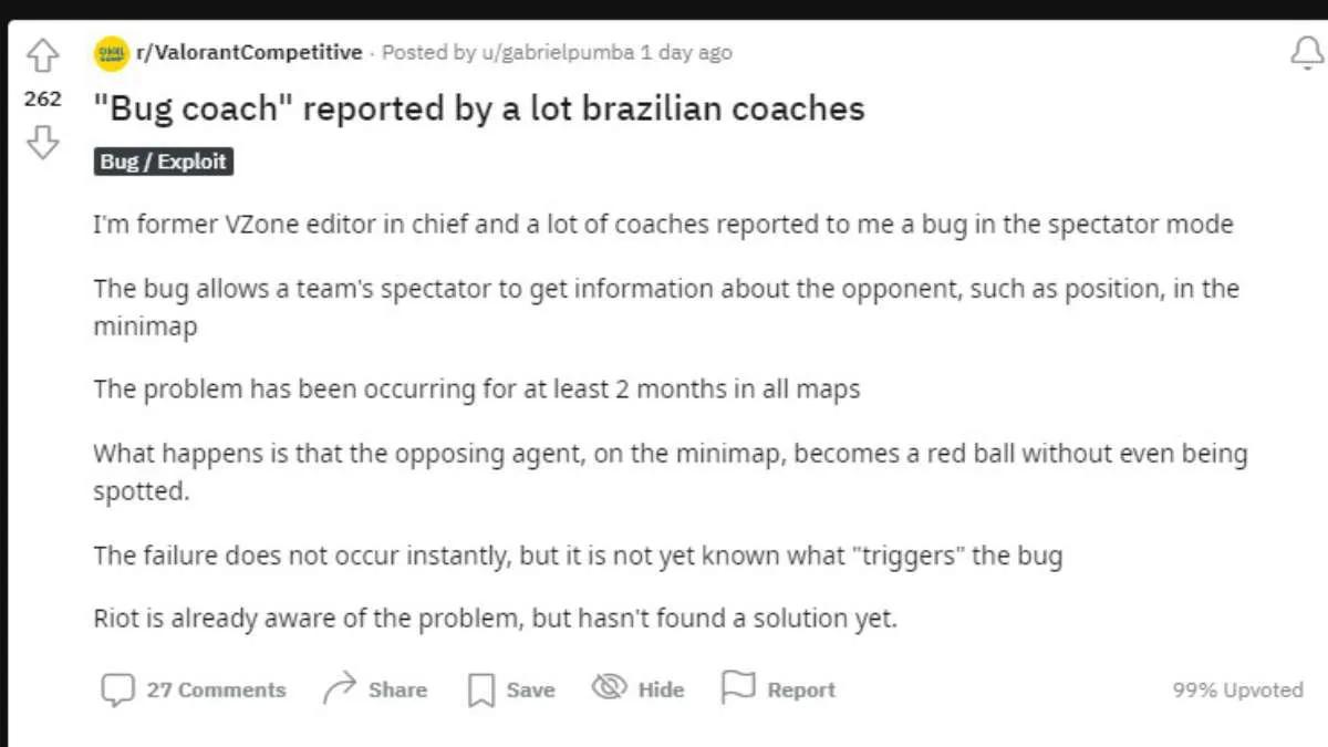 Treinadores brasileiros relataram um "bug de treinamento" em Valorant