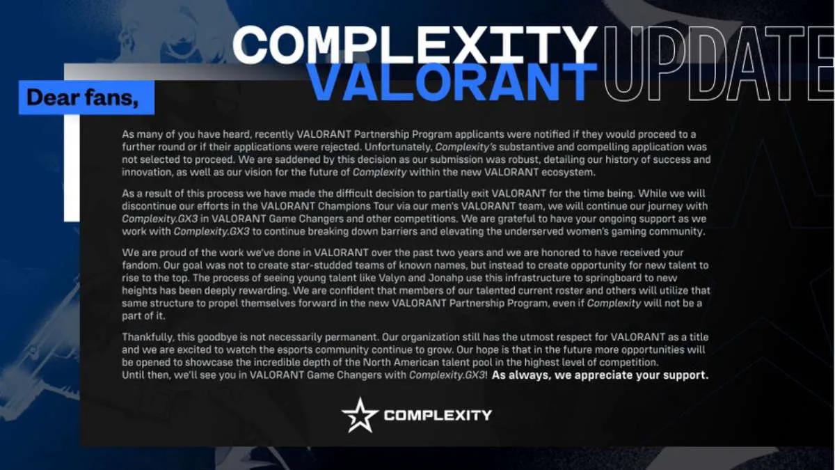 Complexity Gaming fecha a escalação masculina por VALORANT