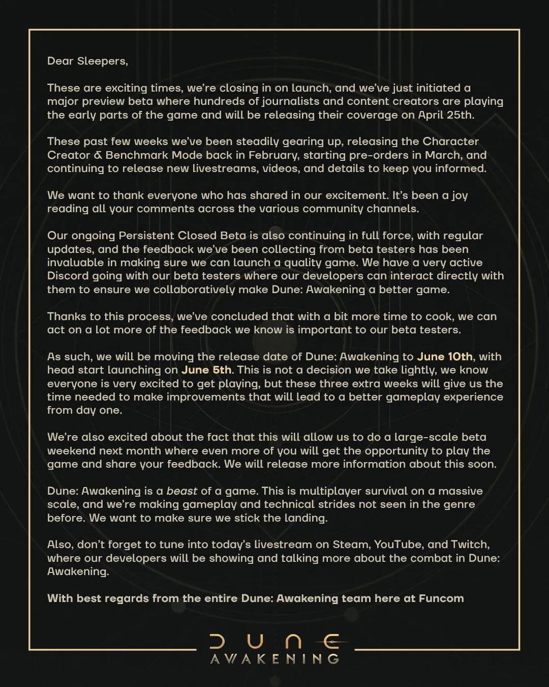 Dune: Lançamento do Awakening adiado para 10 de junho