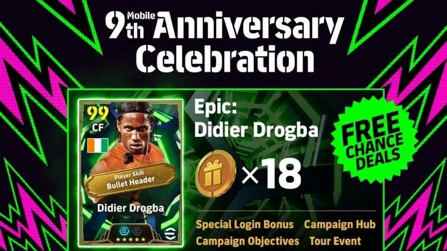 eFootball comemora seu 9º aniversário com um cartão épico gratuito do Didier Drogba.