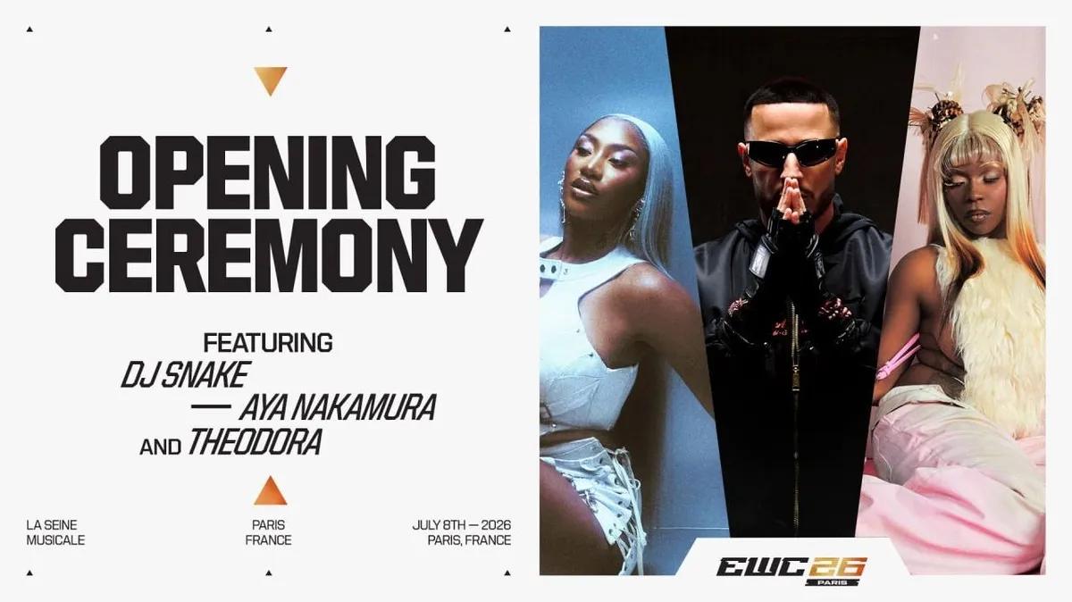 Aya Nakamura, DJ Snake e Theodora serão as atrações principais da cerimônia de abertura da Copa do Mundo de Esports de 2026.