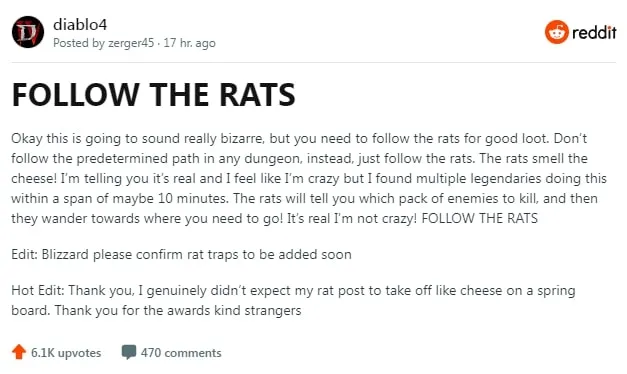 Players of Diablo 4 Unearth Unexpected Connection Between Rats and Loot. Photo 1